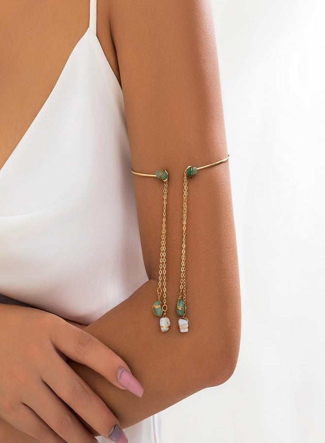 Rannyrena Vintage Natural Stone Upper Arm Cuff Colorful Gravel Pendant Armlet Bangle Long Tassel Simulated Jade Amber Amethyst Opal Bracelet Wedding Jewelry for Women (Green) - Image 2